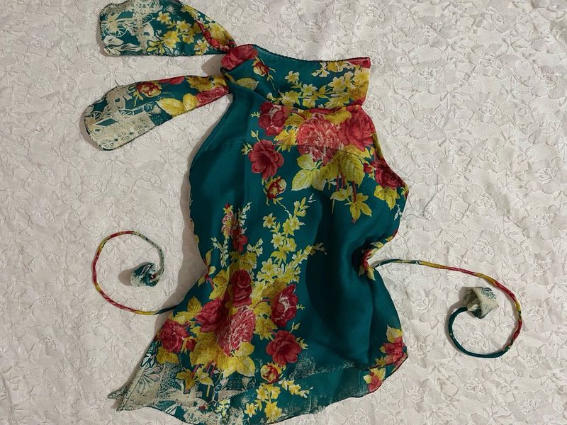 floral print teal y2k halterneck top