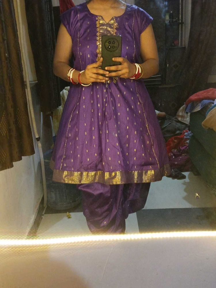 Elegant Purple Kurta Set with Gold Print