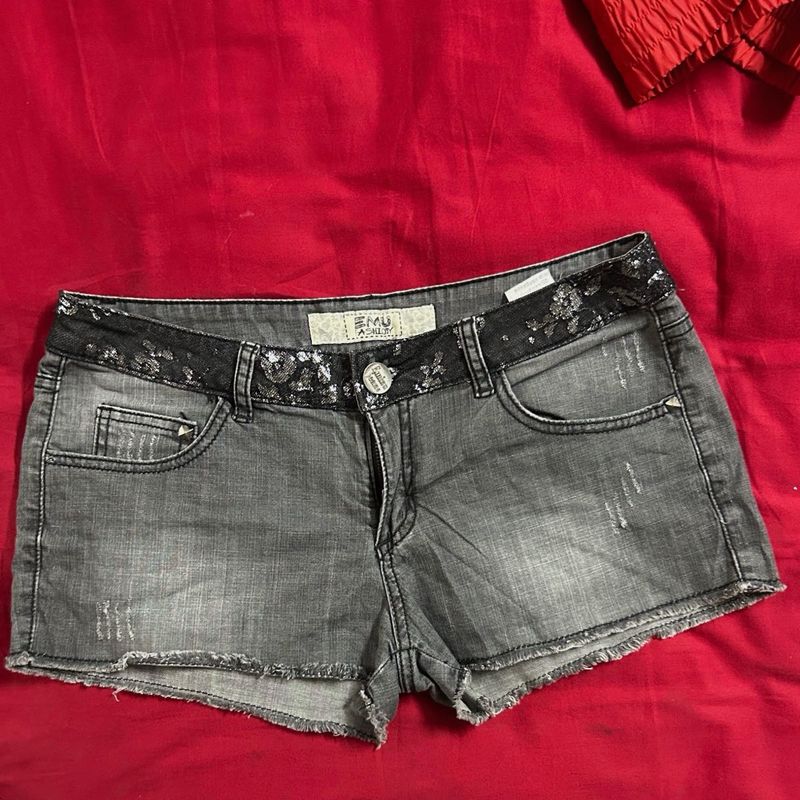 Stylish Grey Denim Shorts with Sequins