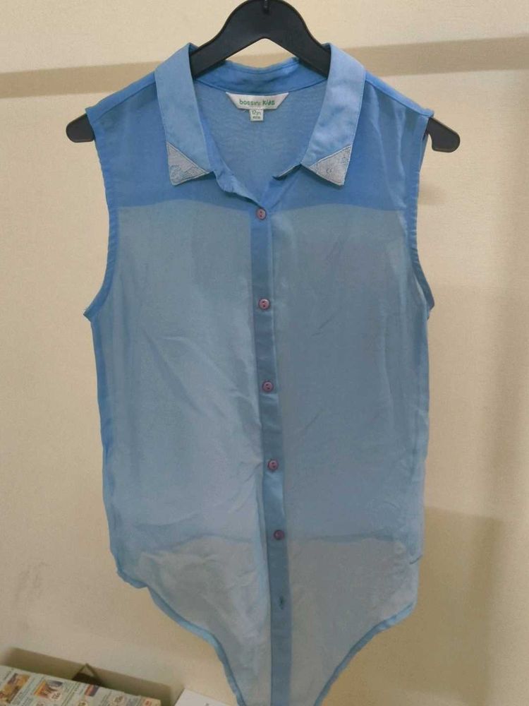 Sheer Blue Sleeveless Button-Up Top