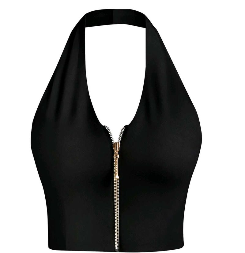 Chic Black Halter Neck Zip Crop Top