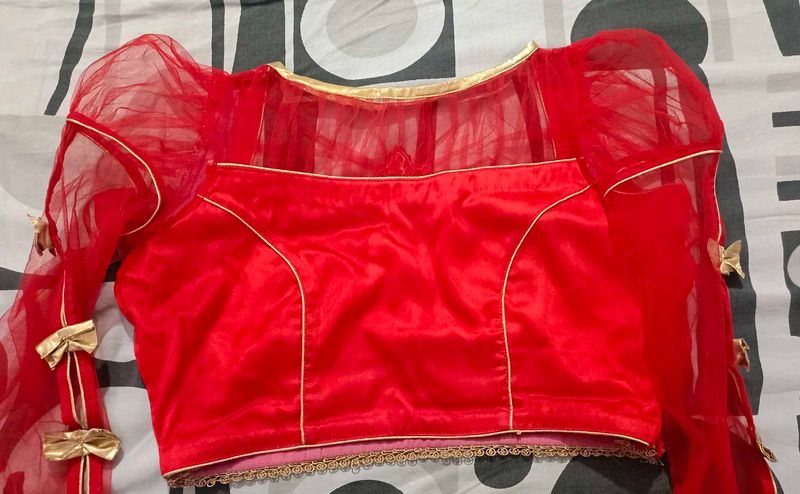 Red Silk Blouse with Net Sleeves