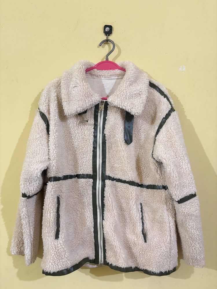 Cream Sherpa Fleece Jacket with Black Trim