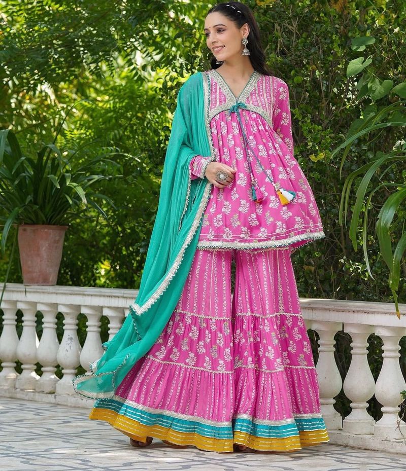 Elegant Pink Floral Kurta Sharara Set