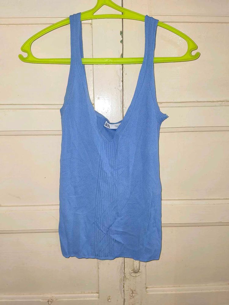 Blue V-Neck Ribbed Tank Top
