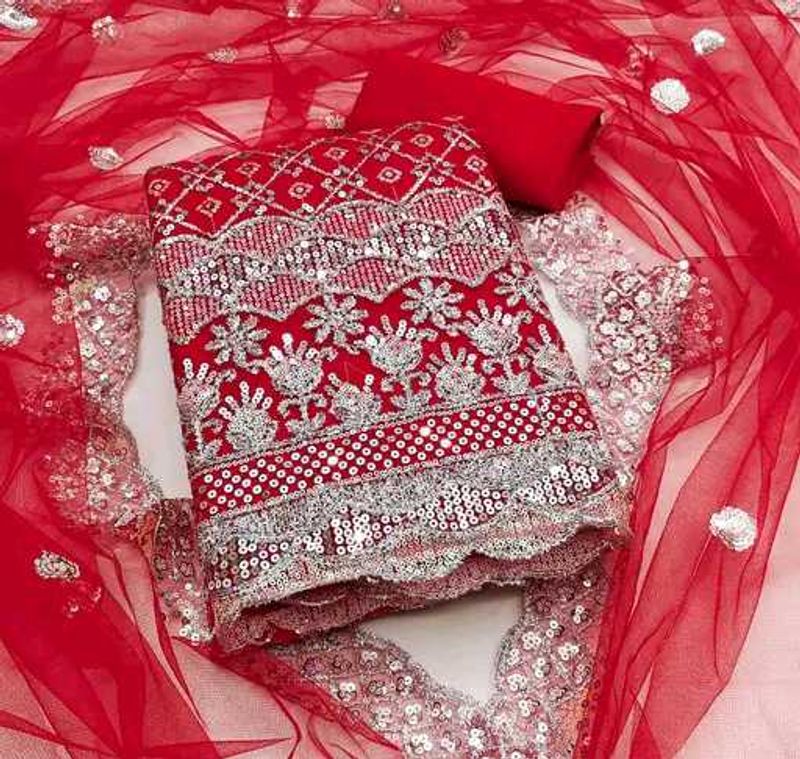 Red dress material with embroidery work