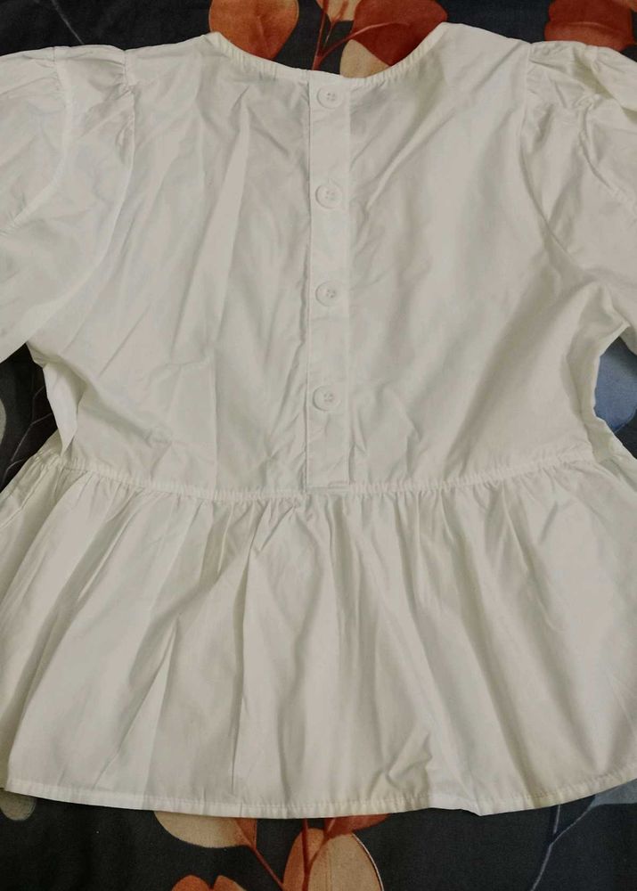 White Peplum Top with Puff Sleeves