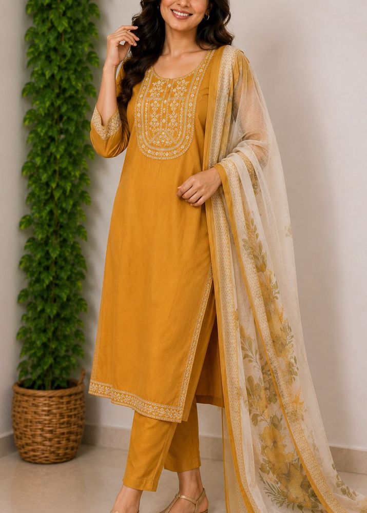 Elegant Mustard Embroidered Kurta Set