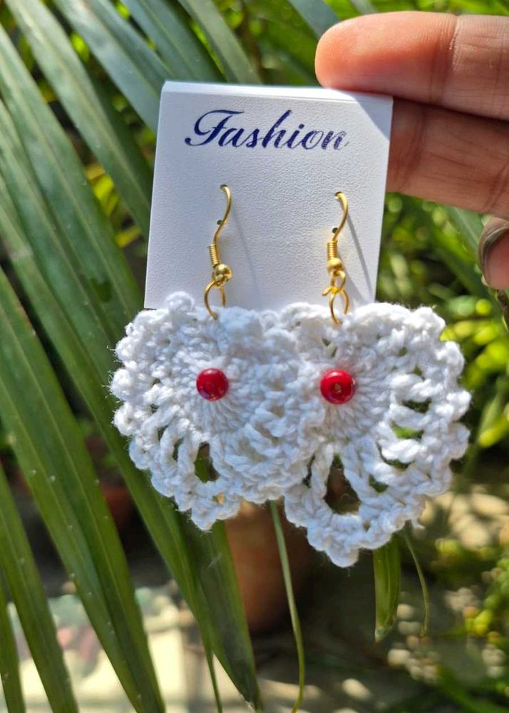 White Crochet Earrings with Red Beads