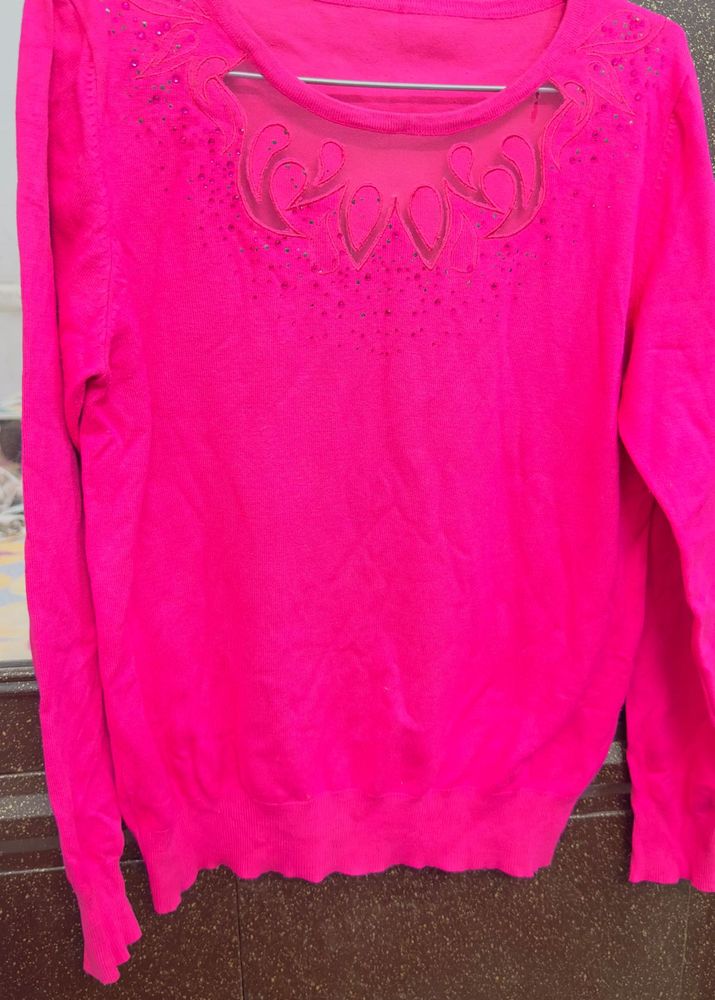 Vibrant Pink Sheer Neckline Sweater