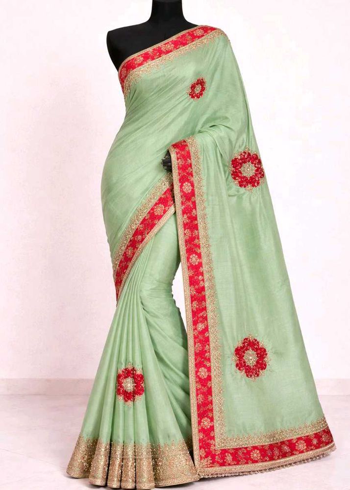 Elegant Mint Green Embroidered Saree