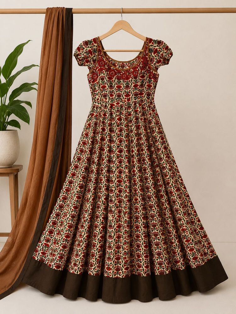 Red Floral Ethnic Anarkali Churidar Dupatta Set