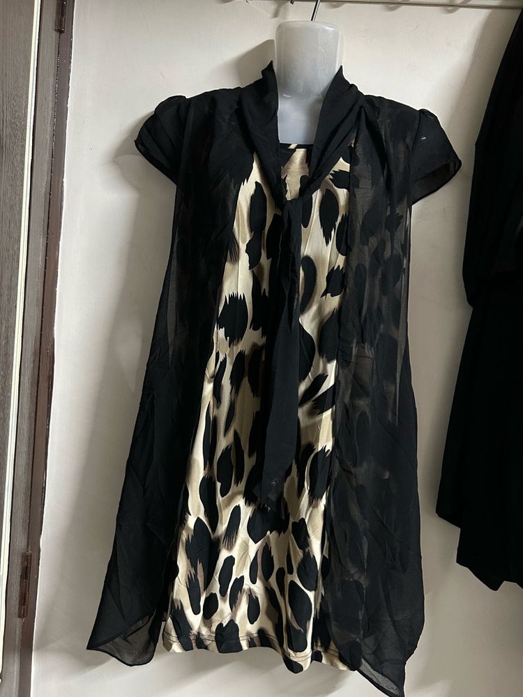 Chic Leopard Print Sheer Overlay Dress