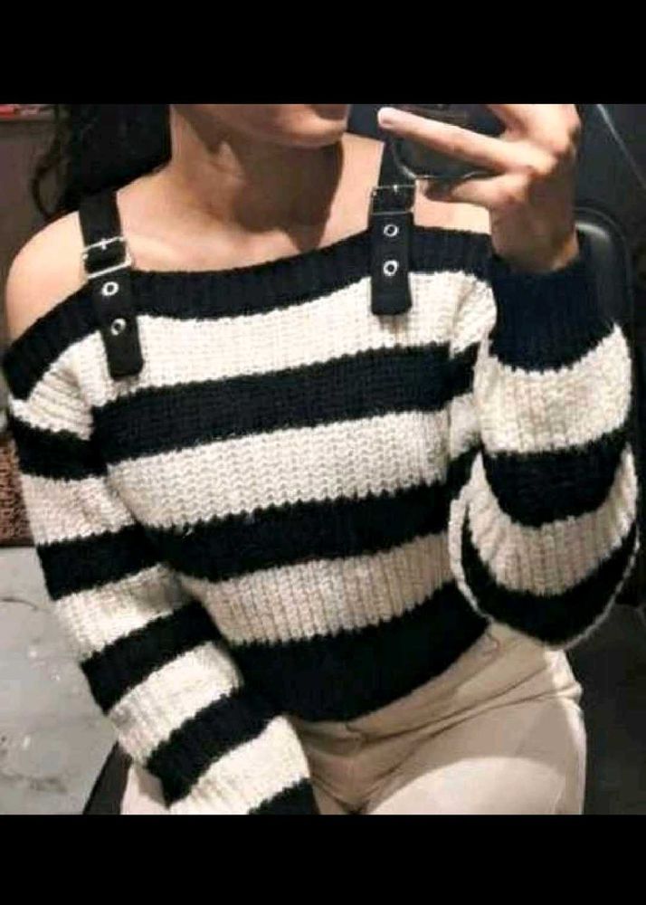 Chic Striped Cold Shoulder Sweater