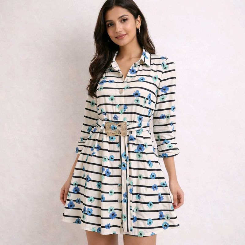 Floral Striped Belted Shirt Dress elegant casual