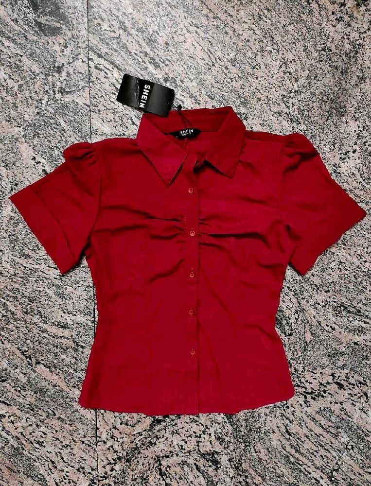 🎀Shein Red Ruched Button-Up Shirt