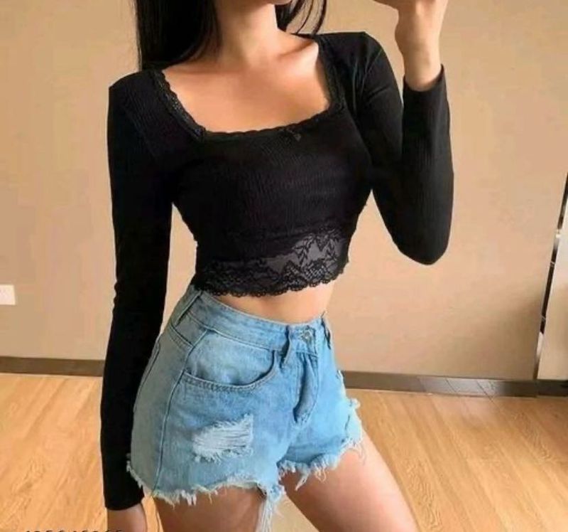 Black Lace-Trim Ribbed Crop Top
