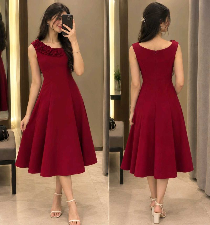 only 1 time used Elegant Red Gown with Floral Deta