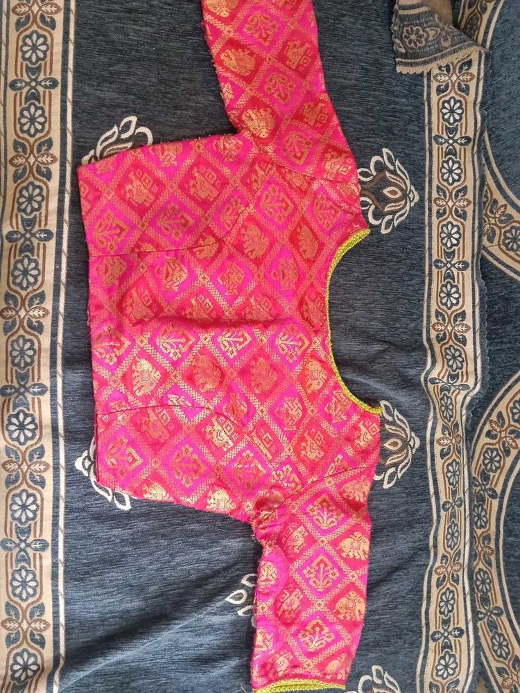Vibrant Pink &amp; Gold Brocade Blouse ( boat neck des