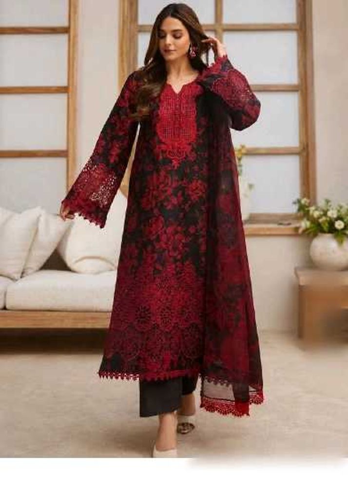 Elegant Red &amp; Black Floral Kurta S