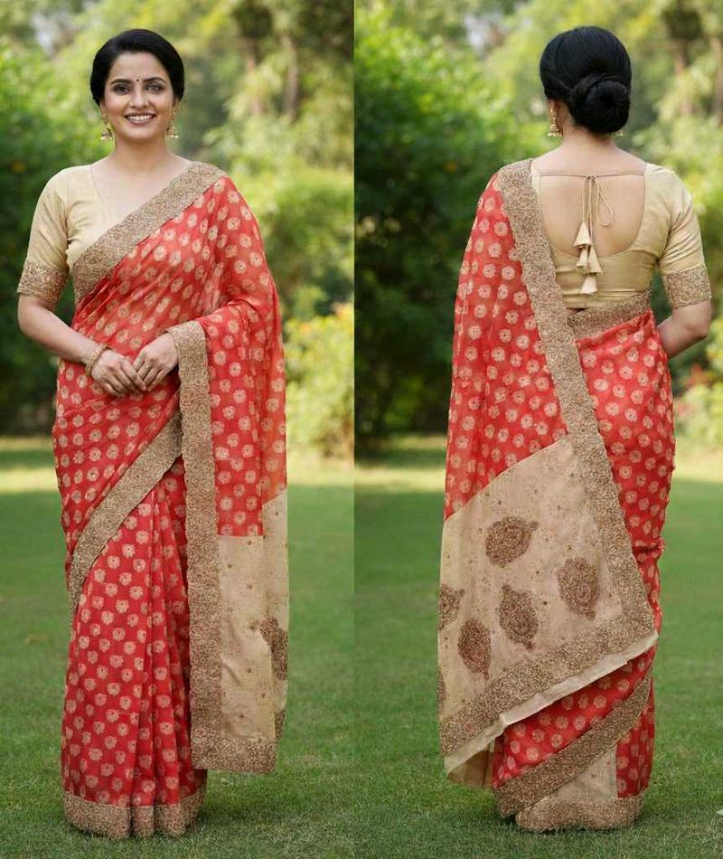 Elegant Ethnic Gold Red Saree with Intricate Det
