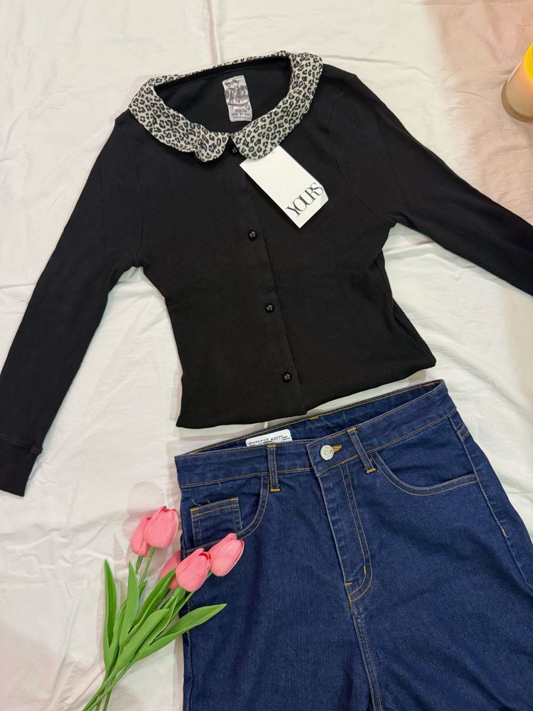 Black Button-Up Top with Collar Detail