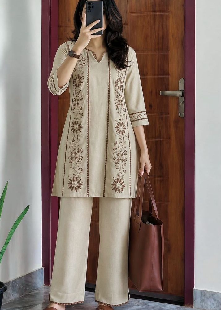 Elegant Beige Embroidered Kurta Set