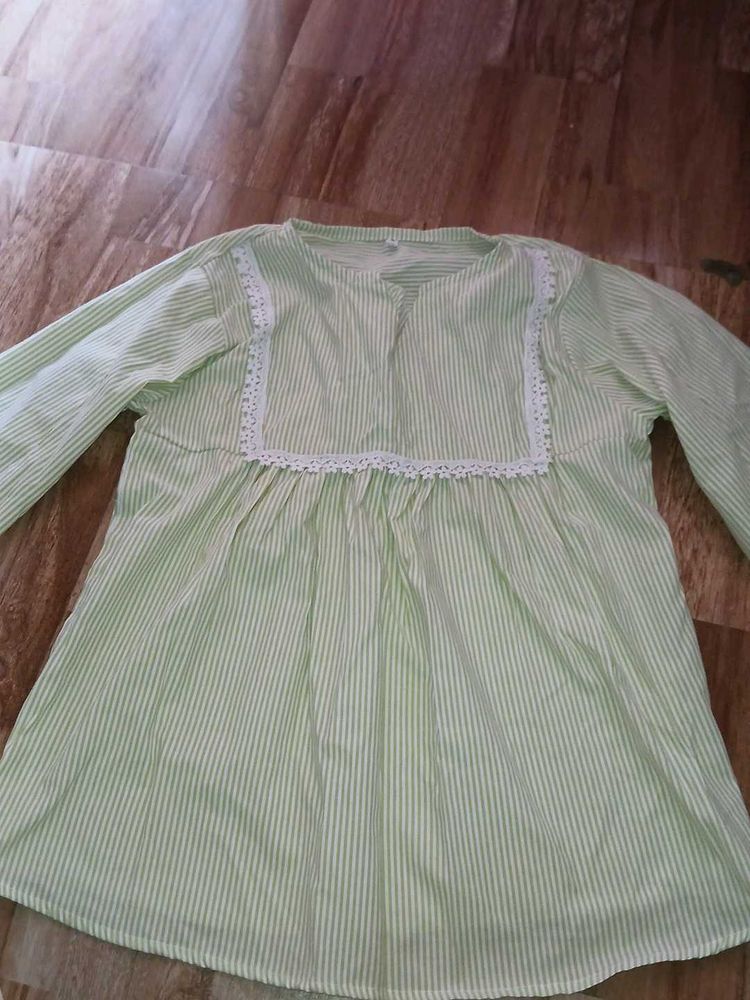 Light Green Striped Kurta with Lace Detail