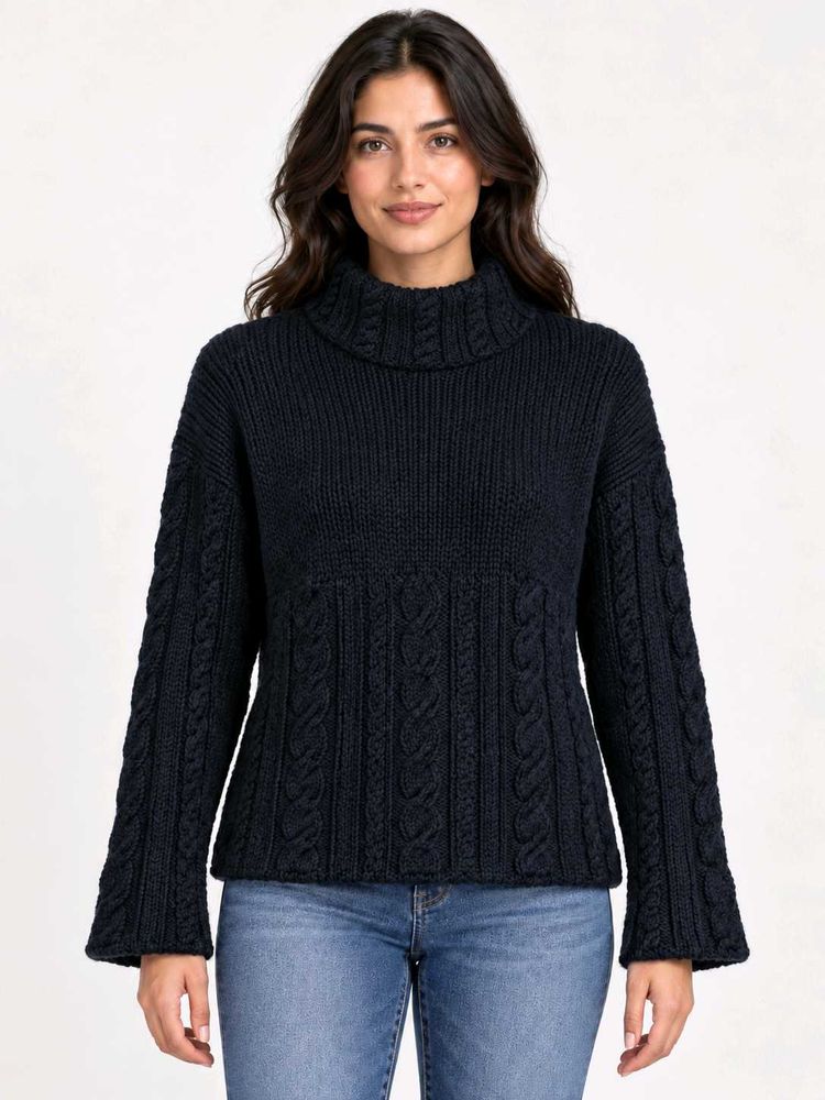 Navy Blue Cable Knit Turtleneck Sweater