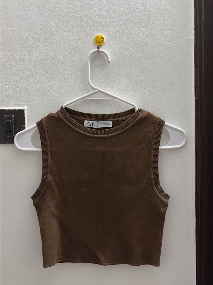 Zara Brown Knit Sleeveless Top