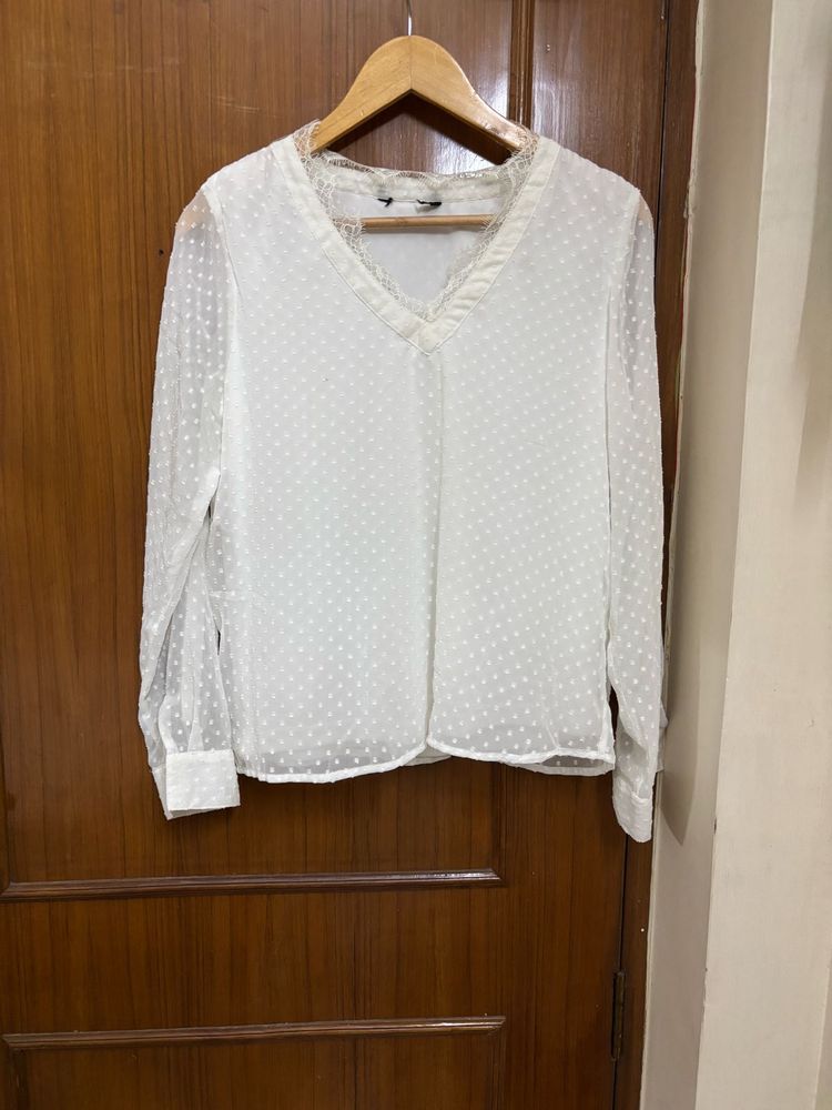 White Textured V-Neck Top