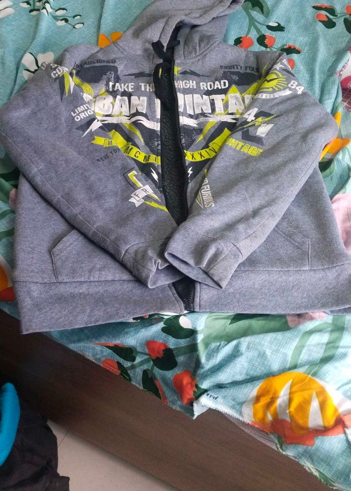 Grey Zipper Hoodie with Graphic Print