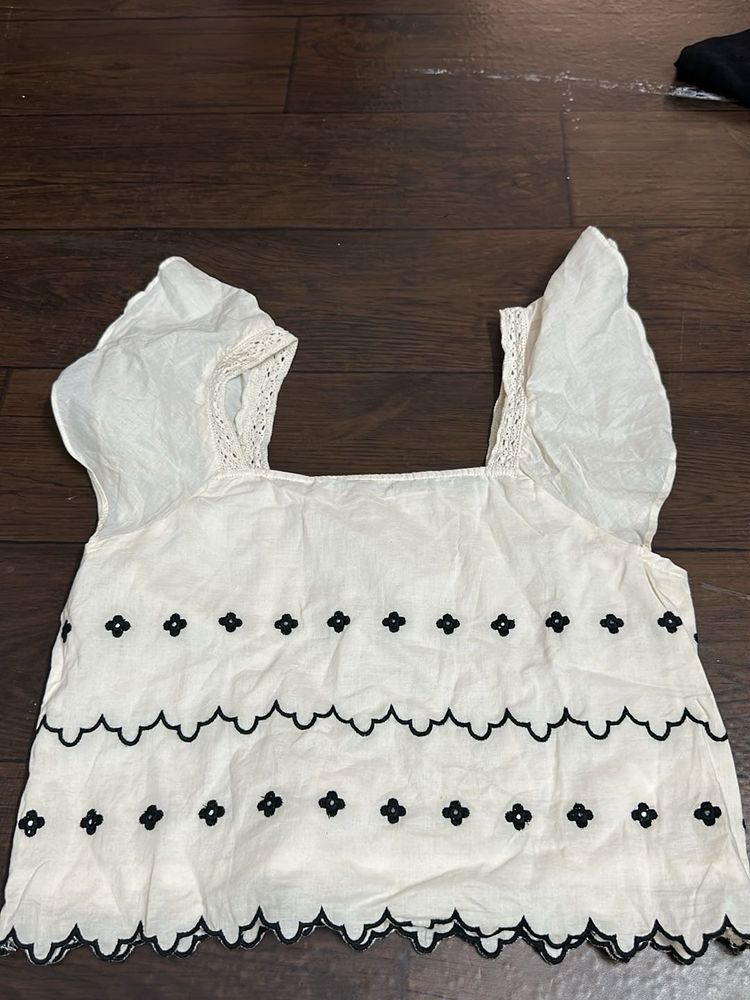 Cream Embroidered Square Neck Top