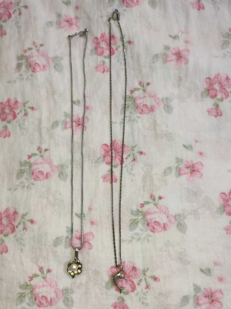 Two Silver Tone Necklaces - Heart &amp; Dolphin