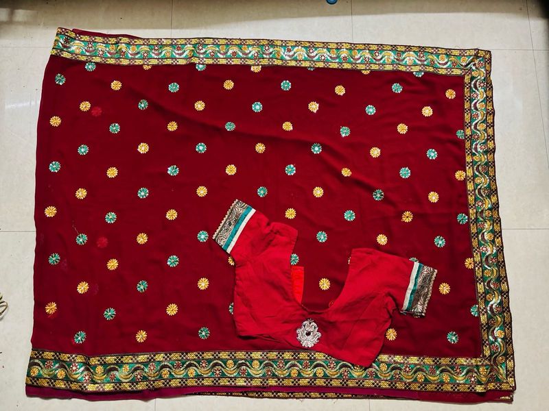 Maroon Embroidered Saree