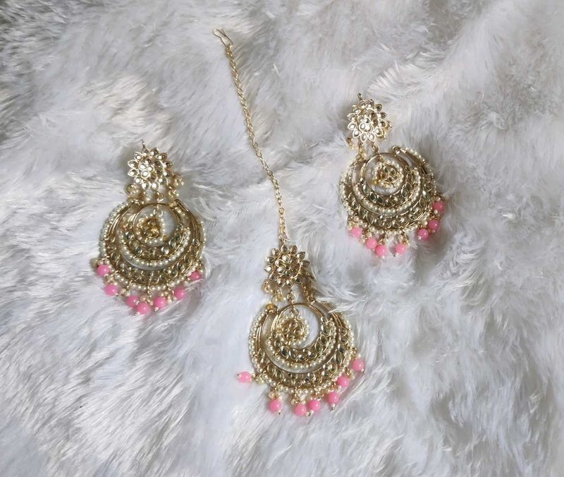 Elegant Gold &amp; Pink Jhumka And mangtikka