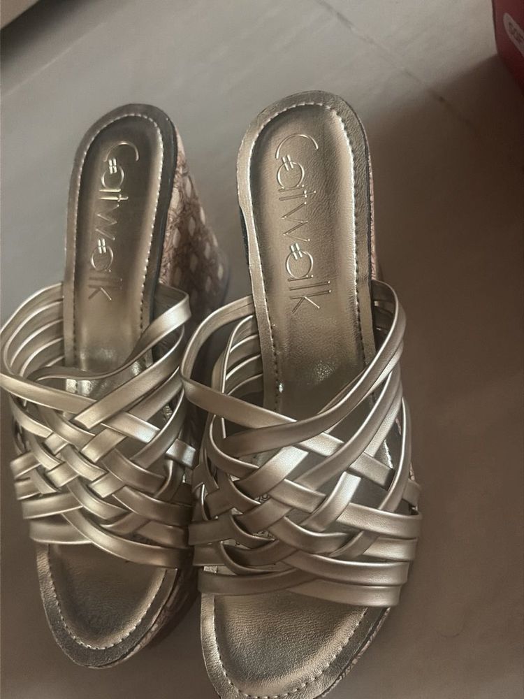 stock clearance catwalk gold wedges