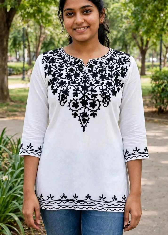 Elegant White Kurta with Black Embroidery