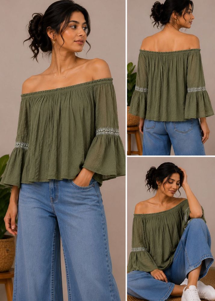 Boho Green Off-Shoulder Tunic Top