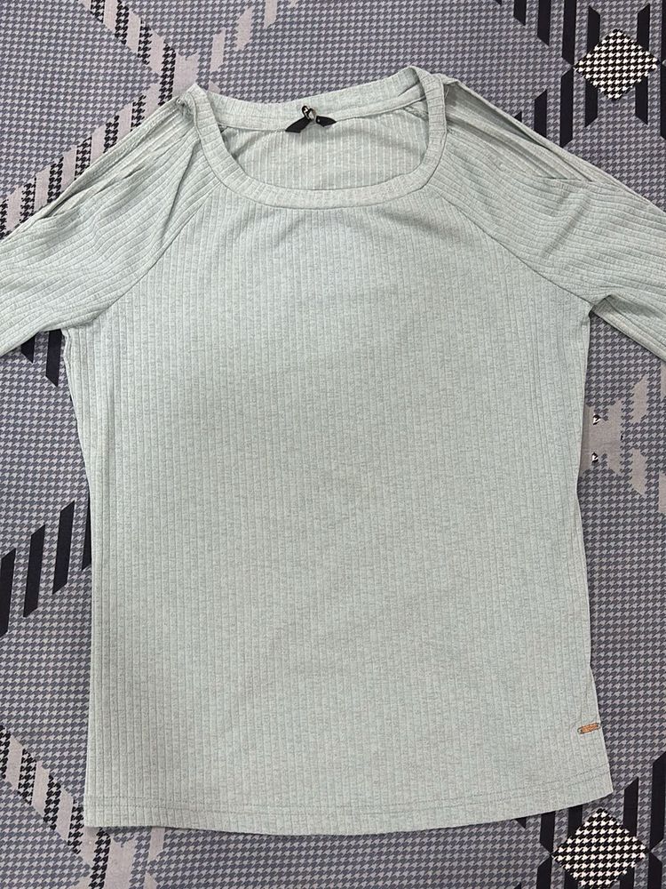 Light Blue Ribbed Cold Shoulder Top