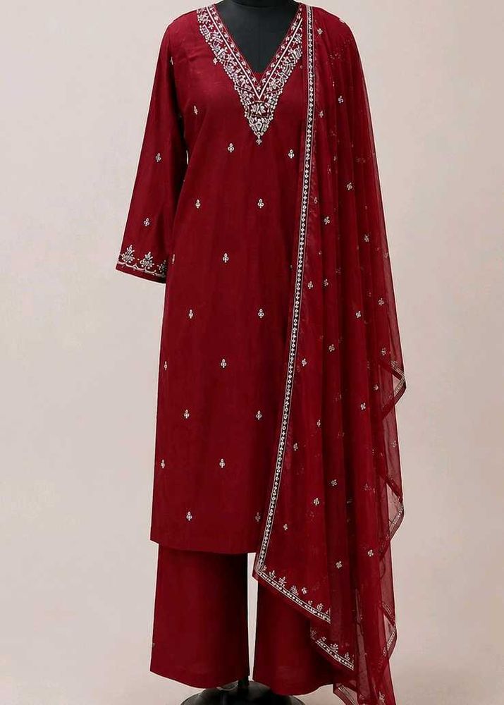 Maroon Embroidered Kurta Palazzo Set with Dupatta