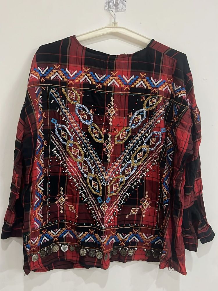 Embroidered Plaid Bohemian Blouse