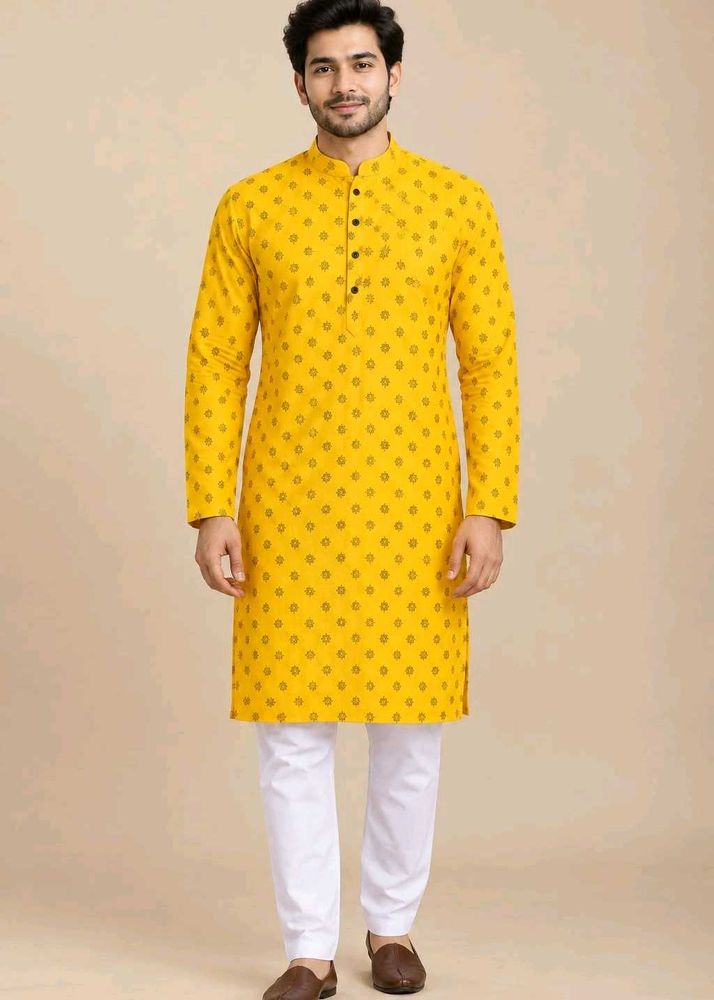 Men's Yellow Printed Kurta Set