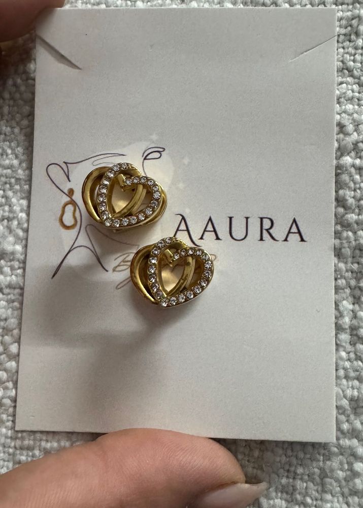 Gold Heart Stud Earrings with Crystals
