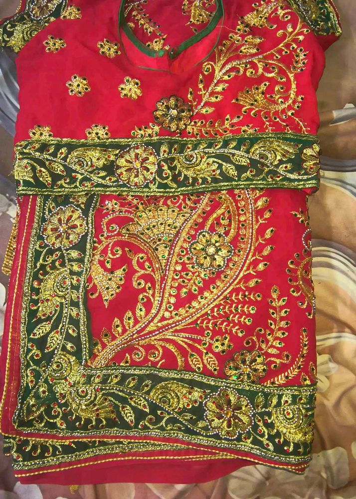 Embellished Red Saree with Green Border