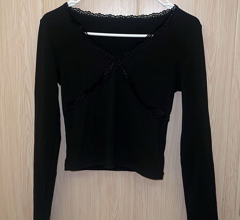 Black Lace Trim Long Sleeve Top