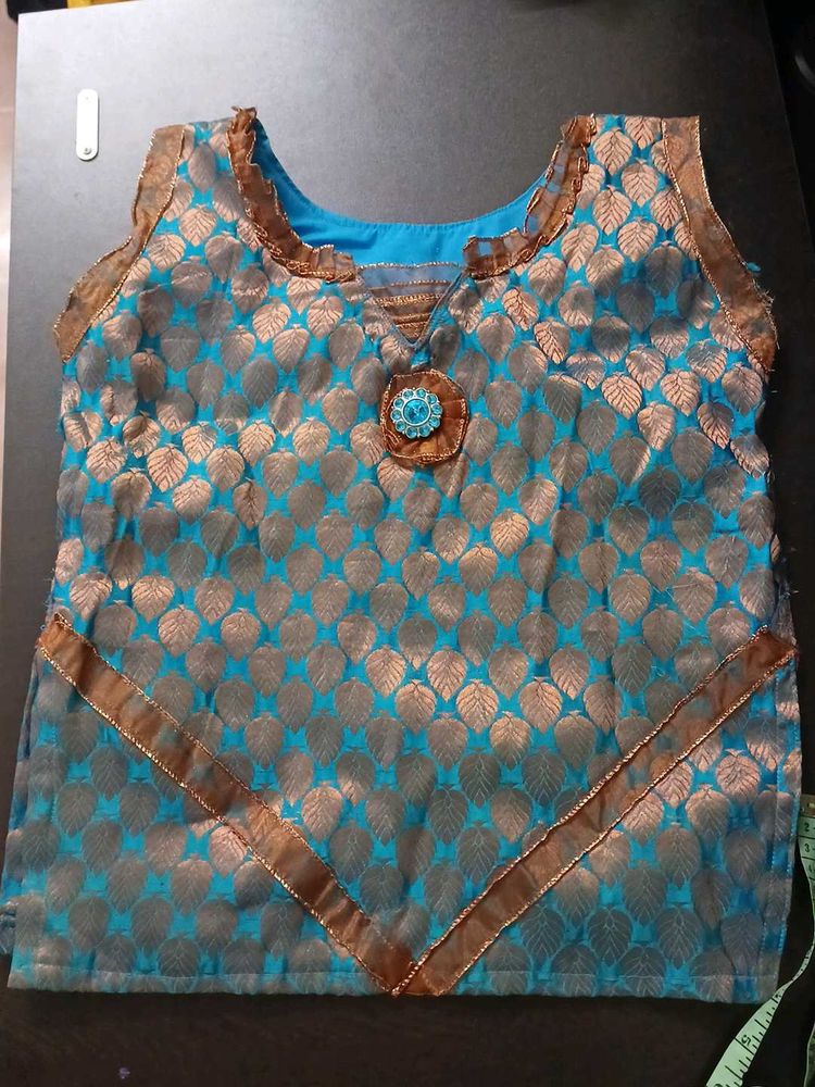 Girl's Blue &amp; Gold Brocade Top