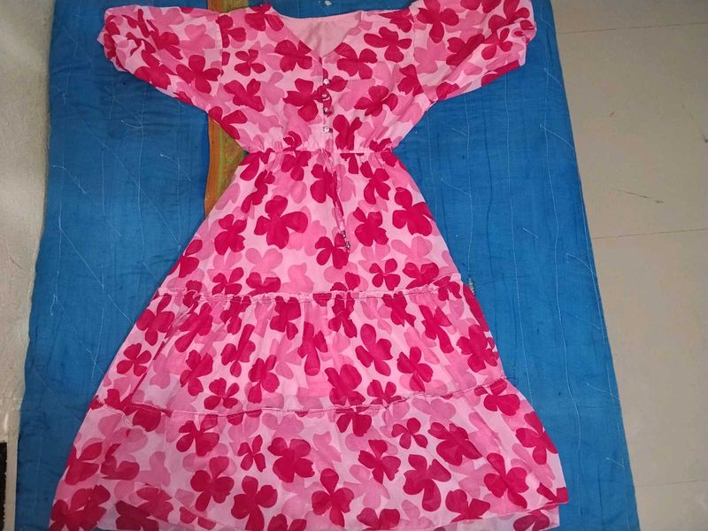 Pink Floral Tiered Midi Dress