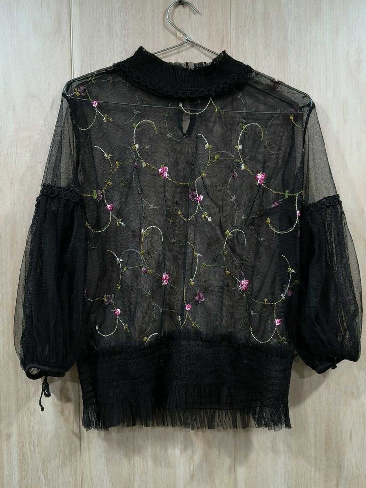 Floral Embroidered Mesh Top