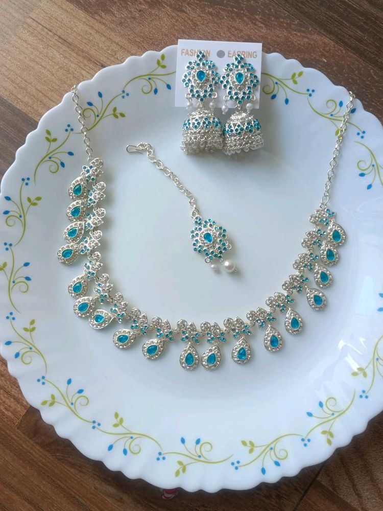 Elegant Teal Stone Necklace &amp; Earring Set